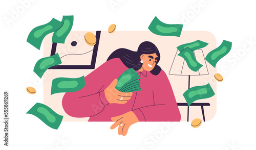 Wealth, abundance concept. Happy rich person spending, wasting money. Wealthy millionaire spender with excessive cash. Financial prosperity. Flat vector illustration isolated on white background photo