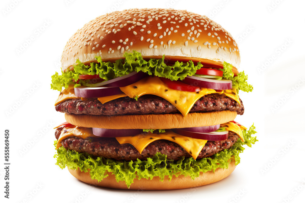Hamburger With Double Meat Inside With All Vegetables Like Onion Tomato Lettuce And Cheese On White Background Generative AI Hamburger With Double Meat Inside With All Vegetables Like Onion Tomato Lettuce And Cheese On White Background Generative AI