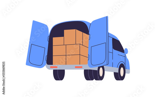 Delivery van loaded with boxes. Cargo in packages, cardboards stacked in transport with open doors. Many parcels, packs, goods inside car. Flat graphic vector illustration isolated on white background