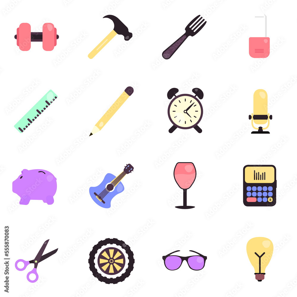 Set of icons of every-day objects: simple abstract 3D items like a clock, guitar, fork, dumbbell, glasses, scissor and wheel, transparent background Set of icons of every-day objects: simple abstract 3D items like a clock, guitar, fork, dumbbell, glasses, scissor and wheel, transparent background