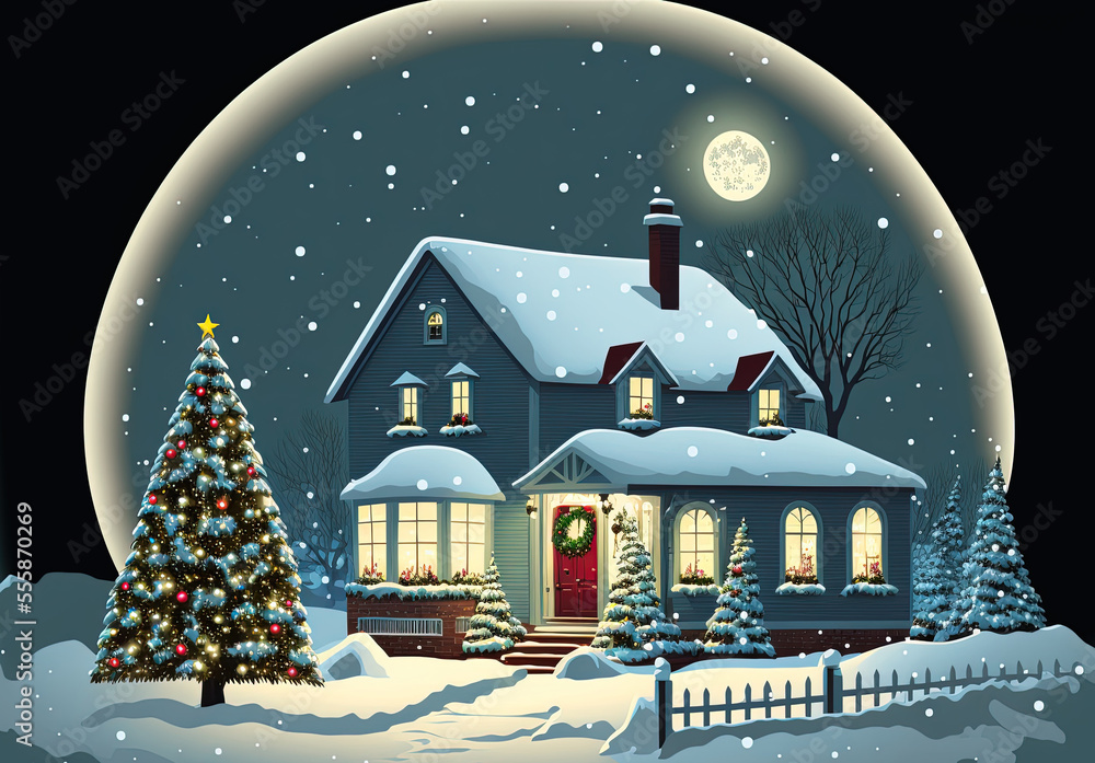 Naklejka premium A Christmas scene with a house, Christmas tree and a snowy winter background under night sky. A Happy New Year and Christmas Background. A generative AI Illustration.