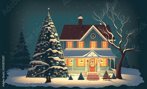 Wallpaper Mural A Christmas scene with a house, Christmas tree and a snowy winter background under night sky. A Happy New Year and Christmas  Background. A generative AI Illustration. Torontodigital.ca