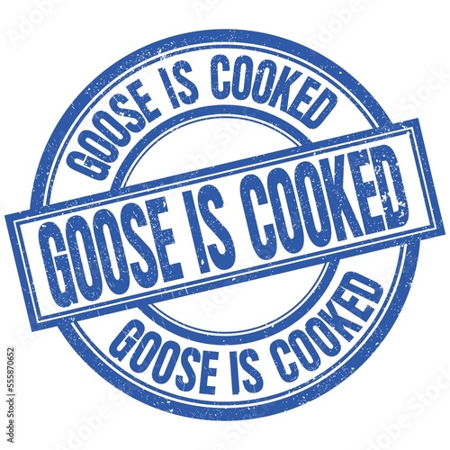 GOOSE IS COOKED written word on blue stamp sign