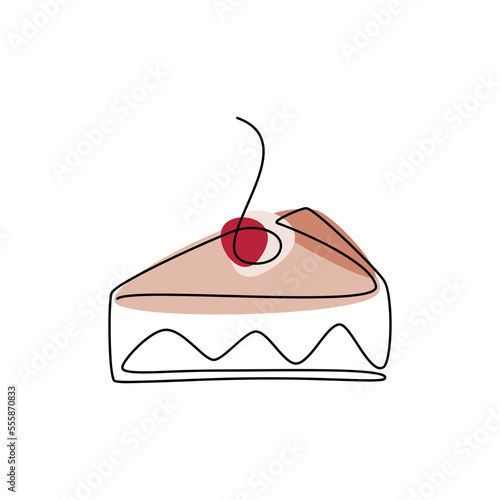 Piece of cake with cherry vector one line continuous drawing illustration. Hand drawn linear silhouette icon. Minimal design element for print, banner, greeting card, brochure.