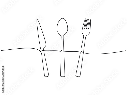 Knife, spoon, fork icon set top view vector one line continuous drawing illustration. Hand drawn linear silhouette. Minimal outline design element for print, banner, card, brochure, poster, menu.