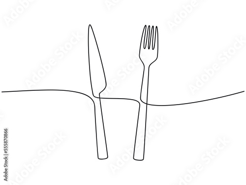 Fork and knife icon set top view vector one line continuous drawing illustration. Hand drawn linear silhouette. Minimal outline design element for print, banner, card, brochure, poster, menu.