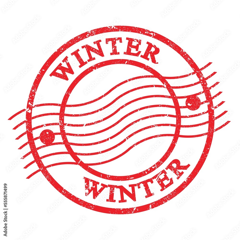 WINTER, text written on red postal stamp. WINTER, text written on red postal stamp.