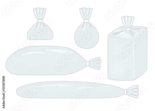 Plastic transparent package set, wrap bag for food products. Polyethylene packet with clip. Blank pouch, sachet cartoon style. Vector illustration