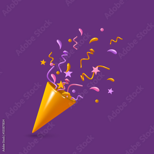 Confetti yellow party hat. Birthday, anniversary, celebration colorful serpentine explosion. 3d render realistic vector illustration.
