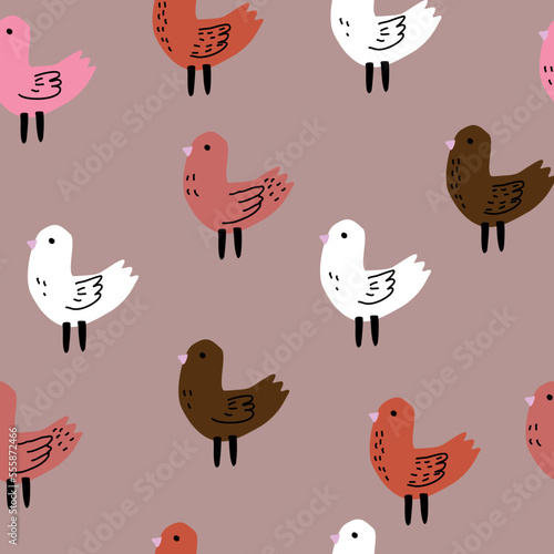 ute chicken seamless pattern with multicolored chickens on pink background.