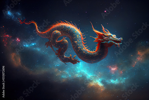 Chinese dragon flying in dark sky and galaxy on the background.   Digitally generated AI image