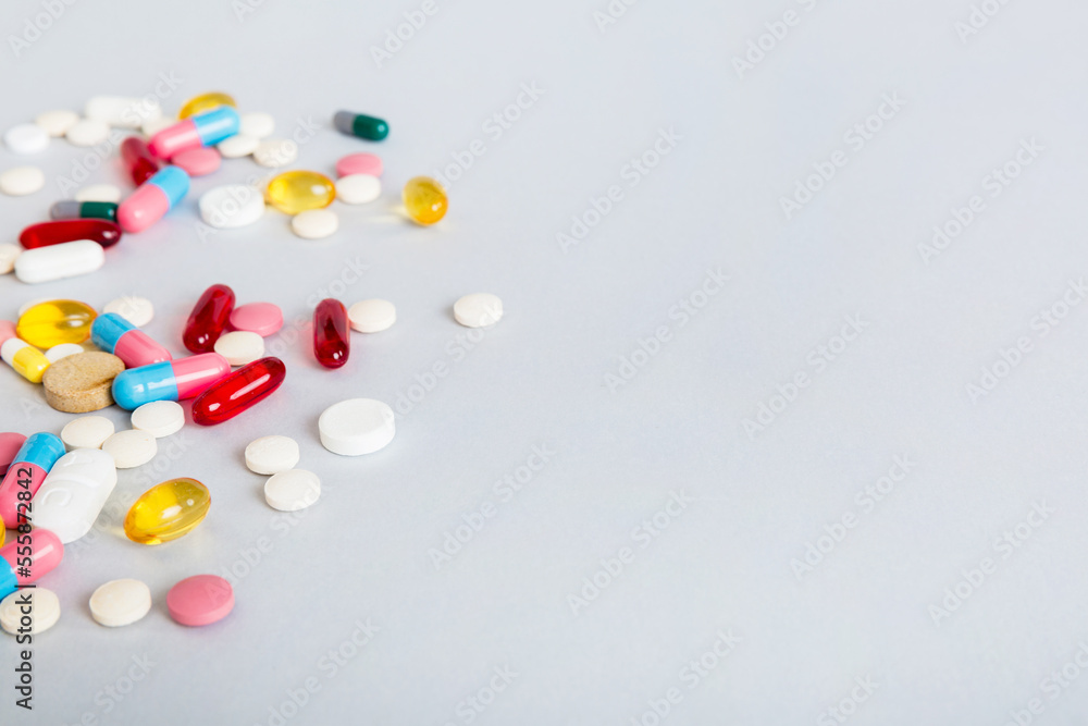 Many different colorful medication and pills perspective view. Set of many pills on colored background Many different colorful medication and pills perspective view. Set of many pills on colored background