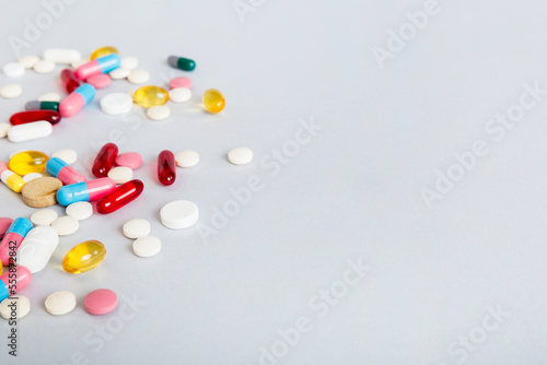 Many different colorful medication and pills perspective view. Set of many pills on colored background