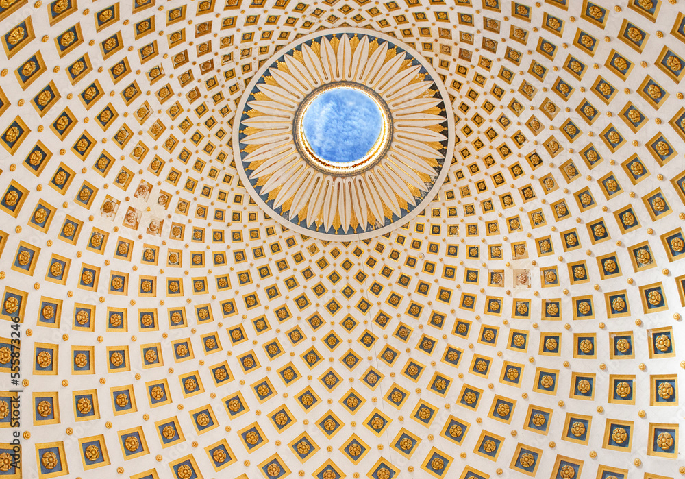 MOSTA, MALTA - MAY 11, 2018 : Interior of Mosta Dome inside Mosta Rotunda in Malta ; the third largest church in Europe. This spectacular dome survives after being bombed in World War II