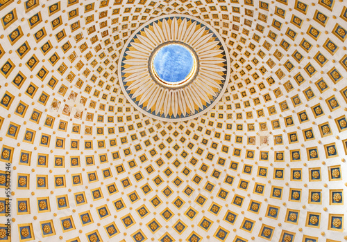 MOSTA  MALTA - MAY 11  2018   Interior of Mosta Dome inside Mosta Rotunda in Malta   the third largest church in Europe. This spectacular dome survives after being bombed in World War II