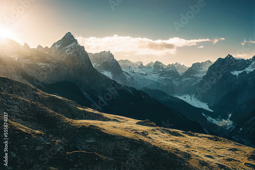 Idyllic alpine mountain peak landscape at sunset (Generative AI)