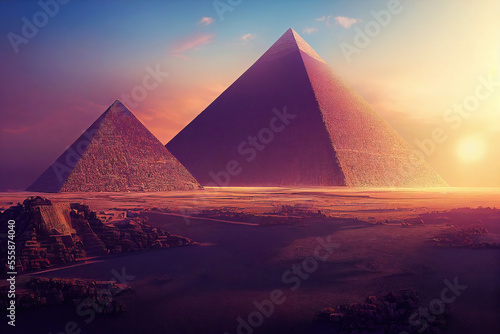 Two fictional egyptian pyramids in desert with evening sunset  Generative AI 