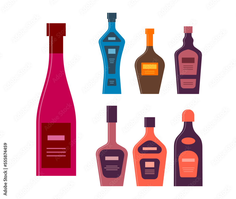 Set bottles of red wine vodka whiskey cream liquor rum tequila. Icon bottle with cap and label. Graphic design for any purposes. Flat style. Color form. Party drink concept. Simple image shape Set bottles of red wine vodka whiskey cream liquor rum tequila. Icon bottle with cap and label. Graphic design for any purposes. Flat style. Color form. Party drink concept. Simple image shape