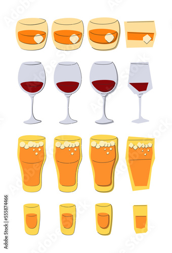 Whiskey red wine beer rum shot glass on white background. Cartoon sketch graphic design. Doodle style. Colored hand drawn image. Party drink concept for restaurant, cafe. Freehand drawing style