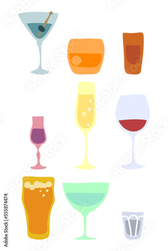 Set of glasses of alcohol. Martini whiskey rum liquor champagne red wine beer vermouth vodka. Hand draw cartoon illustration. Doodle line art graphic design. Freehand drawing style