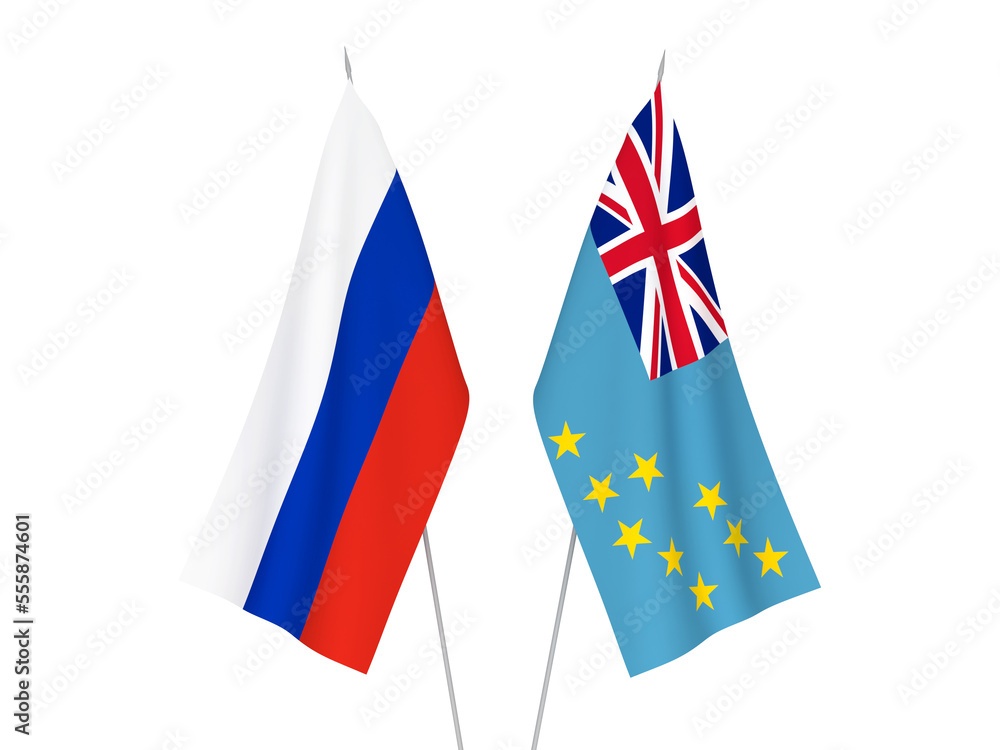 National fabric flags of Russia and Tuvalu isolated on white background. 3d rendering illustration.