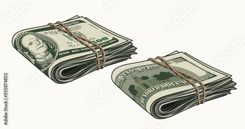 Wad of 100 dollar bills folded in half and tied with jute rope. Banknotes with obverse and reverse side. Cash money. Vintage style. Detailed isolated vector illustration on white background