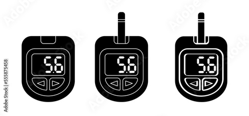 Blood, glucose meter or glucometer. Blood sugar test, level on display. Diabetes insulin. Device for testing and monitoring level of sugar. Cartoon control and diagnosis of diabetes.