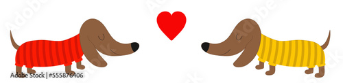 Dachshund dog breed set. Red heart. Happy Valentines day. Line banner. Love card. Cute cartoon character on white background. Puppy dressed in red and yellow clothes Isolated. Flat design