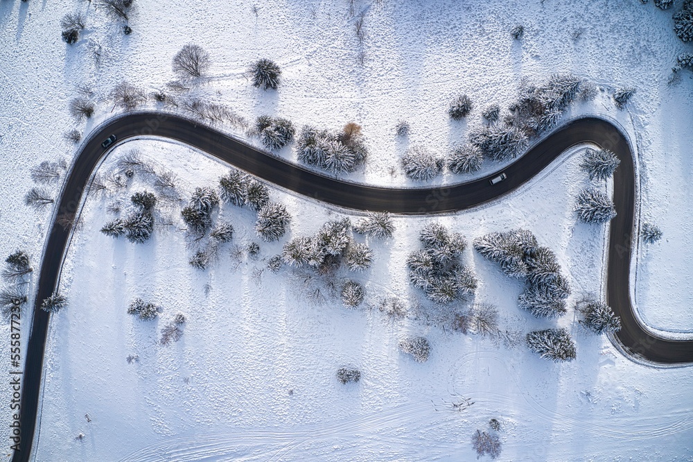 Curvy mountain road during winter