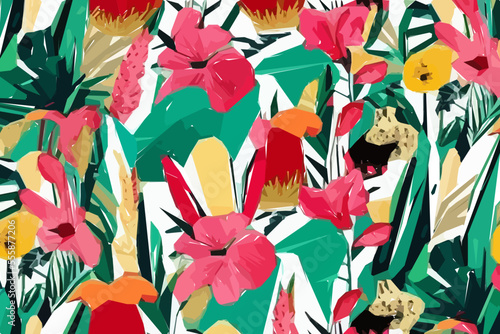 Modern exotic floral jungle pattern. Collage contemporary pattern. Hand drawn cartoon style pattern.
