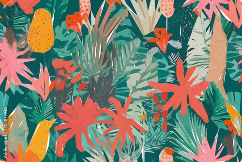 Modern exotic floral jungle pattern. Collage contemporary pattern. Hand drawn cartoon style pattern.