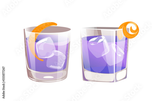 Cocktail Empress.Lavender gin on the rocks.Refreshing purple drink.Vector illustration.