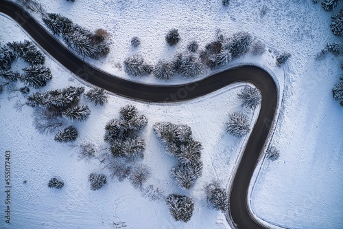 Curvy mountain road during winter