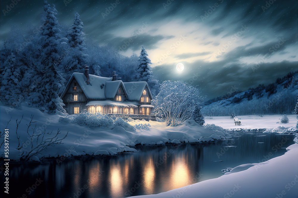 snowy winter landscape with a large house snowy winter landscape with a large house
