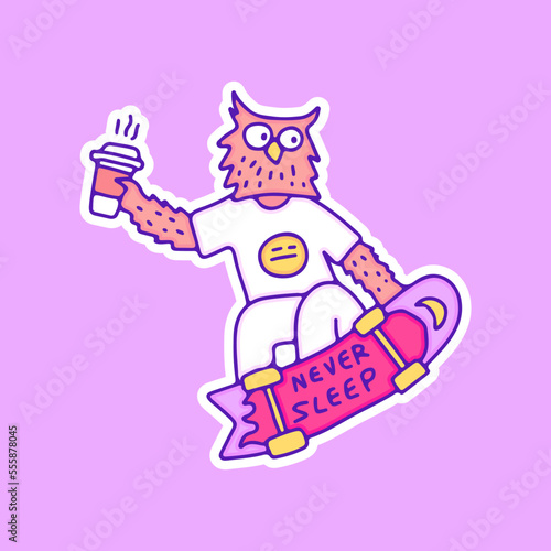 Cool owl with coffee freestyle with skateboard illustration, with old style 90s cartoon drawings. Artwork for street wear, t shirt, patchworks; for teenagers clothes.