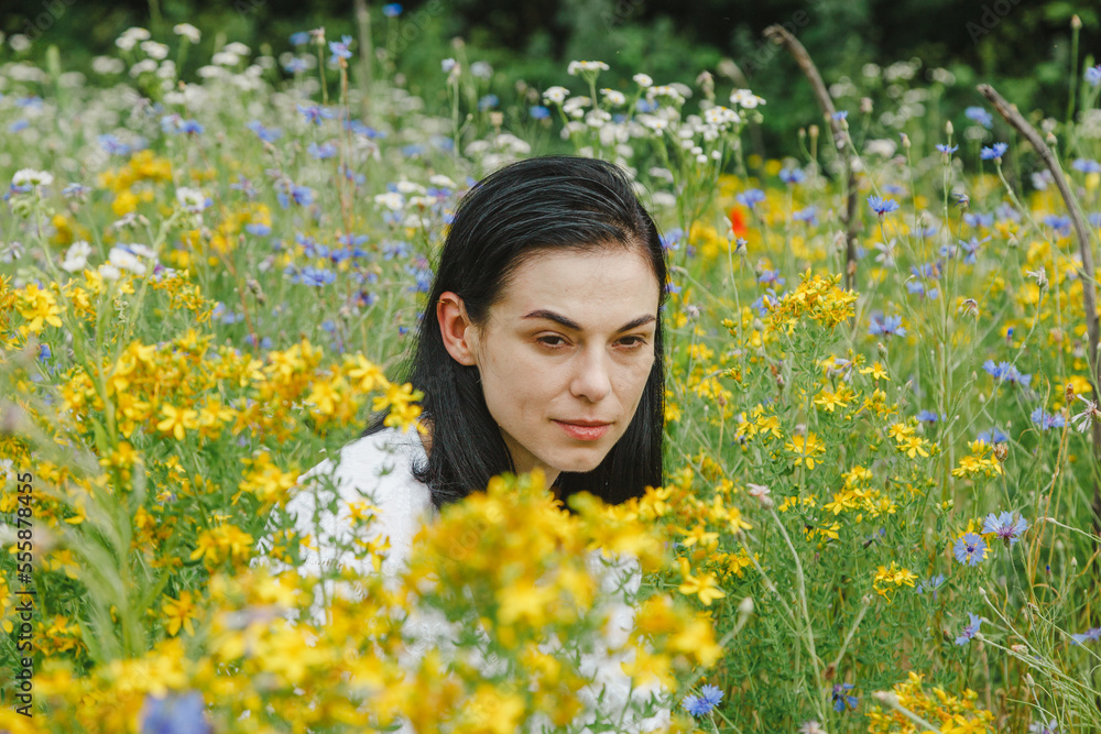 Beautiful girl among the summer field with wildflowers Beautiful girl among the summer field with wildflowers
