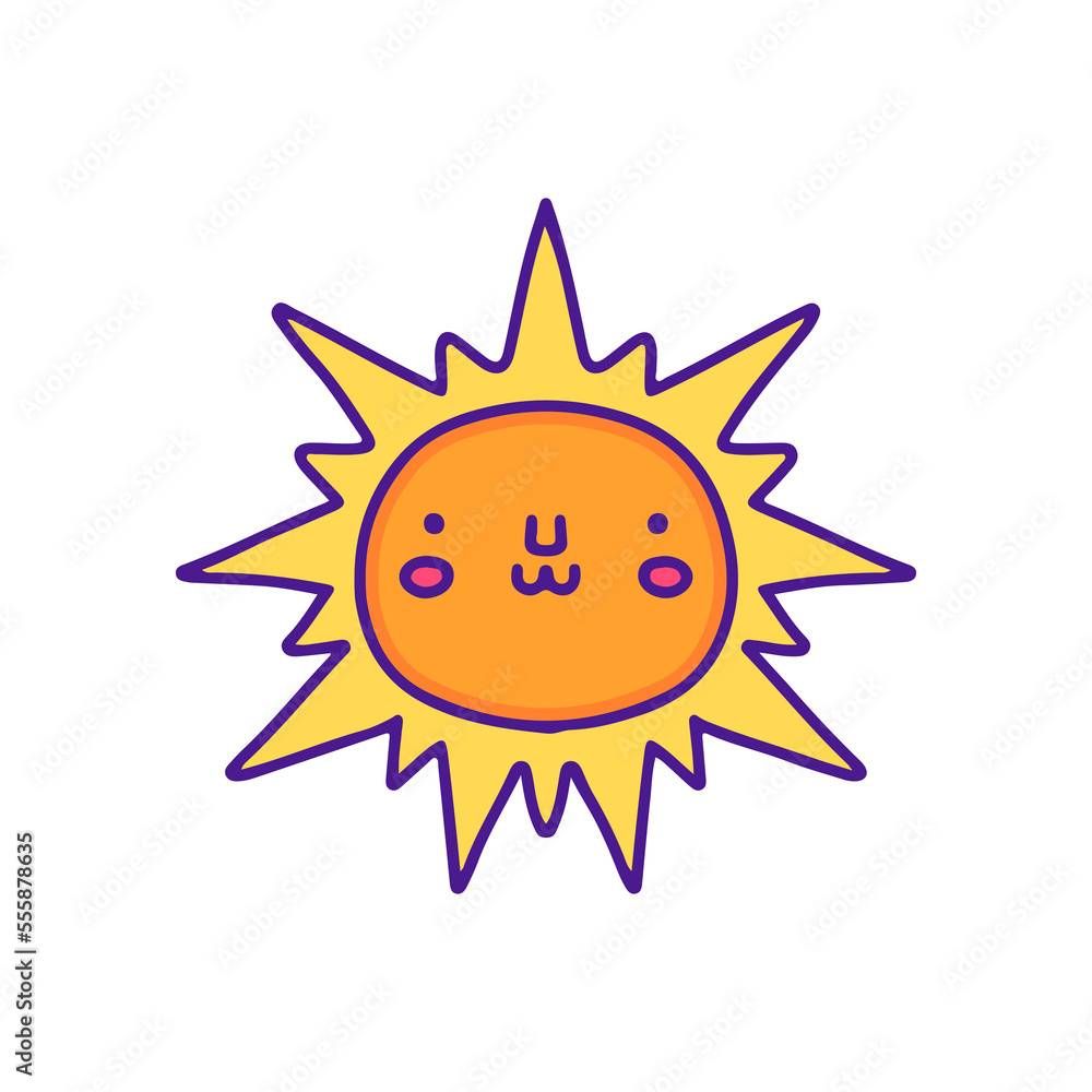 Cute sun character doodle illustration, with soft pop style and old style 90s cartoon drawings. Artwork for sticker, patchworks; for kids clothes.