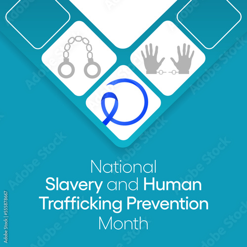 Slavery and human trafficking prevention month is observed every year in January, to raising awareness about the different forms of human trafficking, also known as modern slavery. Vector art