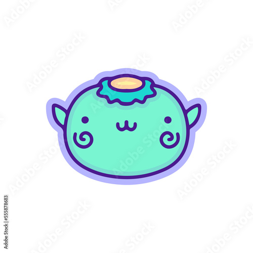 Kawaii kappa head character doodle illustration, with modern pop style and old style 90s cartoon drawings. Artwork for sticker, patchworks; for kids clothes.