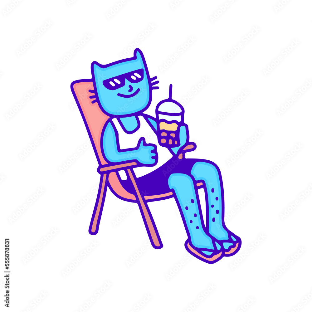 Cool cat sunbathe and drink boba tea, illustration for t-shirt, sticker, or apparel merchandise. With modern pop and retro style.