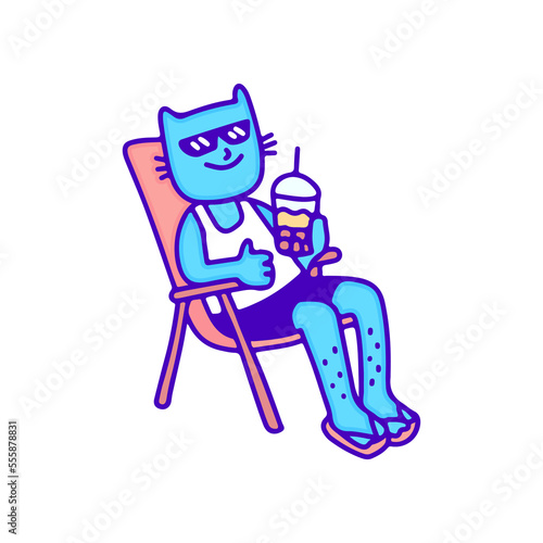 Cool cat sunbathe and drink boba tea, illustration for t-shirt, sticker, or apparel merchandise. With modern pop and retro style.