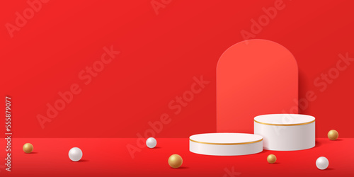 Red abstract scene background with 3d cylinder pedestal podium