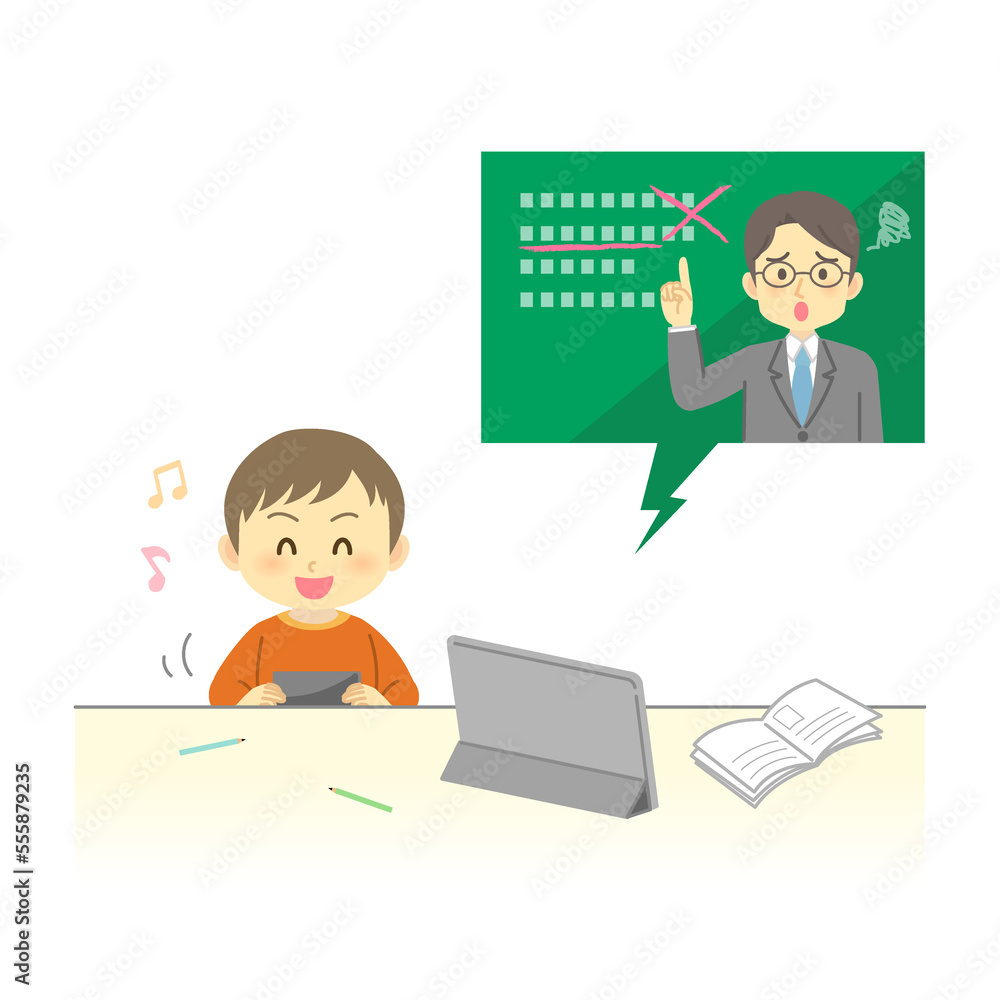 イラスト素材:タブレットでオンライン授業を受けても遊んでしまう困った小学生(男の子/携帯ゲーム)(透過背景)
イラスト素材:タブレットでオンライン授業を受けても遊んでしまう困った小学生(男の子/携帯ゲーム)(透過背景)