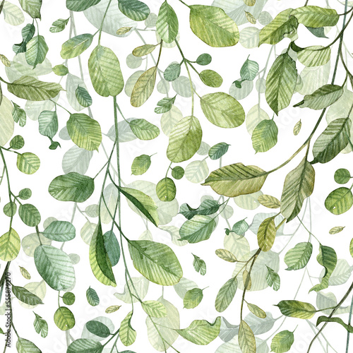 Green vines with detailed leaves seamless pattern for wrapping paper and textile design. Realistic watercolor greenery background