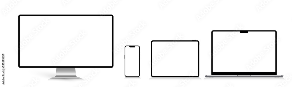 A set of isolated smart devices with blank screen: smartphone, tablet, laptop and desktop. Stock royalty free vector illustration - obrazy, fototapety, plakaty 