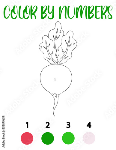 Coloring by numbers with an radish.A puzzle game for children's education and outdoor activities