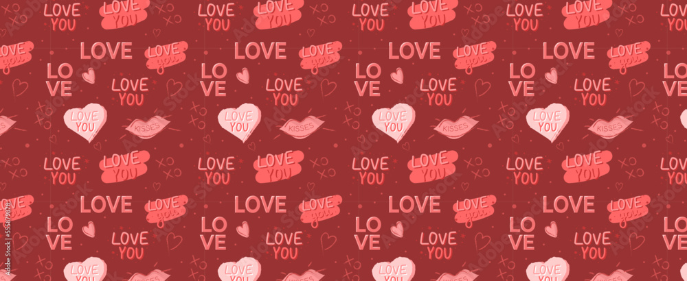 Naklejka premium pattern with hearts. Valentine's day symbols, heart, lips, pink cupcake. happy valentines day with pink hearts for cards, websites, greetings, posters 