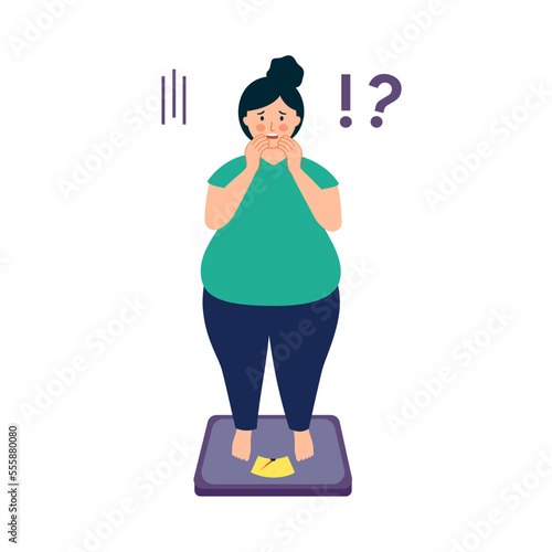 Overweight woman standing on body scale in flat design on white background. Weight gain anxiety.