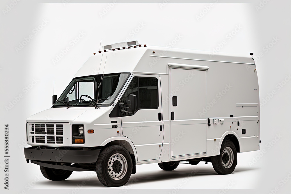 On a white backdrop, a white commercial industrial cargo delivery van vehicle is shown. Generative AI