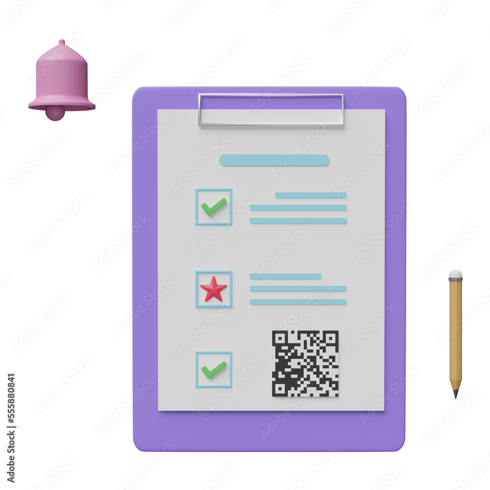 white clipboard checklist with check, notification bell isolated. Online marketing, business strategy concept, 3d illustration render white clipboard checklist with check, notification bell isolated. Online marketing, business strategy concept, 3d illustration render
